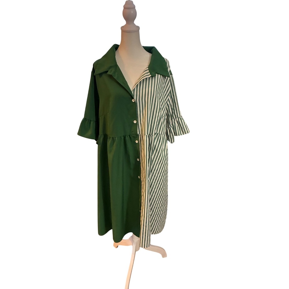 SHEIN Curve 2XL Green White Striped Colorblock Button Up Ruffle Shirt Dress